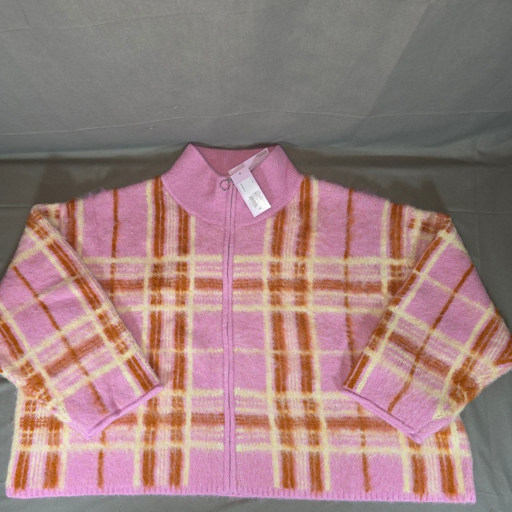 Wild Fable Pink Plaid Fuzzy Zip Up Mock Neck Sweater Cardigan 4X NWT